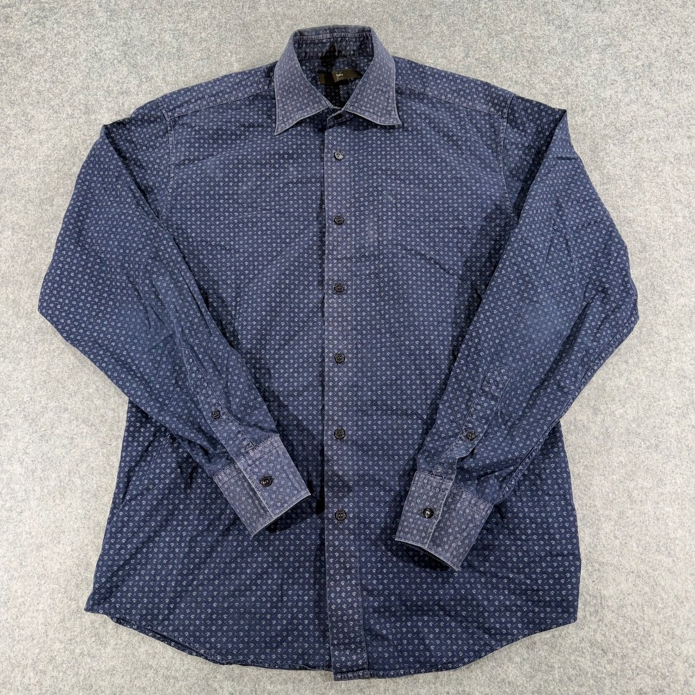 Z Zegna Mens Navy Blue Micro Floral Print Button Down Shirt Size L IV